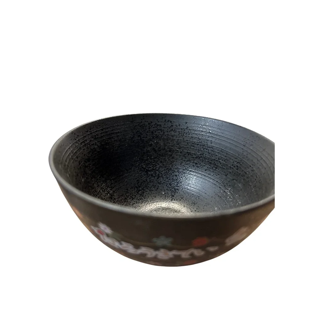 Sanrio Hello Kitty Ceramic Rice Bowl Black Matte Floral Rabbit Japanese Style